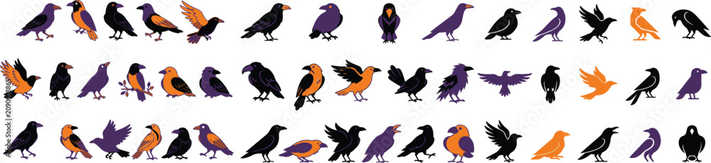 Obraz premium Halloween bird illustrations spooky crow and raven silhouettes for autumn decor
