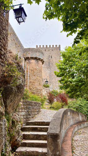 Visitors explore a stone pathway leading to a historic castle in a green setting during daytime, Portugal