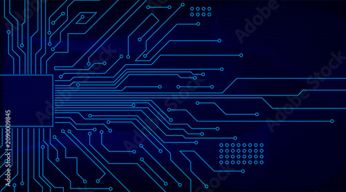 High-tech technology background concept. Chipset technology circuit board in blue neon. Chip Board Backdrop Digital background for your design. Vector illustration EPS10.