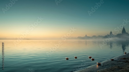 Peaceful Riverbank Banner – Sacred Sunrise Devotional Background.