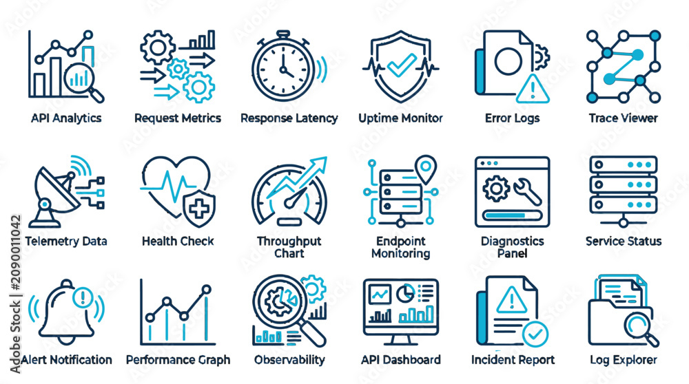 Fototapeta premium Comprehensive set of 18 two-colour outline icons for API analytics and performance monitoring featuring telemetry data health checks observability and logs.