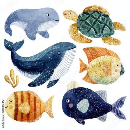 Watercolor Sea Creatures Collection, Cute Ocean Animals Illustration Set on White, Whimsical Marine Life for Kids' Designs, Playful Underwater Friends Clipart