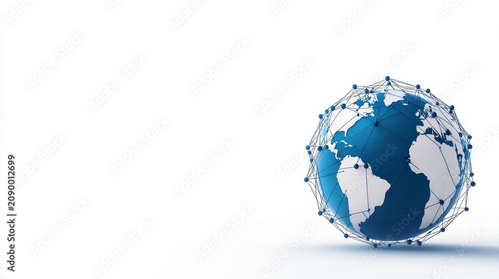 Fototapeta premium A 3D digital rendering of a blue and white globe (Earth) positioned on the right side of the frame, leaving a large white space on the left (copy space). The globe is encased in a blue