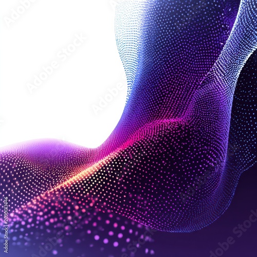 Dynamic abstract wave of glowing particles, vibrant purple and orange technology background, Symbolizing connectivity, innovation, and technological advancement