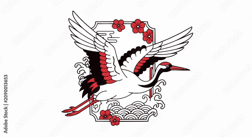 Obraz premium Minimalist japanese style red crowned crane flying over stylized ocean waves and cherry blossom flowers vector illustration