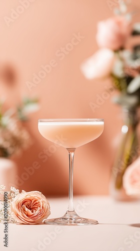 Minimalist cocktail glass with cherry on pink background