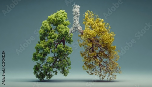 Human lungs made of fresh green trees versus lungs made of cigarette smoke, split composition, hyper-realistic, environmental concept, vibrant colors
