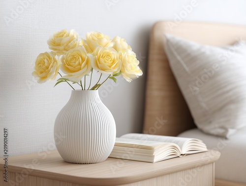 Cream roses in white vase on bedside table in cozy bedroom