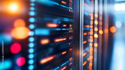 Image A close-up, shallow depth-of-field shot of server racks in a data center. It features glowing lights (blue, orange, red, pink) and a bokeh effect. The perspective is a side angle