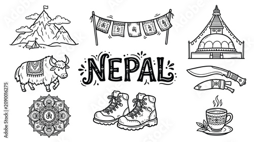 Tableau sur toile Nepal culture icons illustration featuring Mount Everest, stupa, prayer flags, y