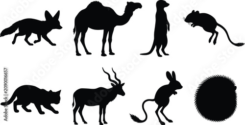 Photography Wild Animal Silhouette Set with Camel Fox Antelope Rodent and Hedgehog