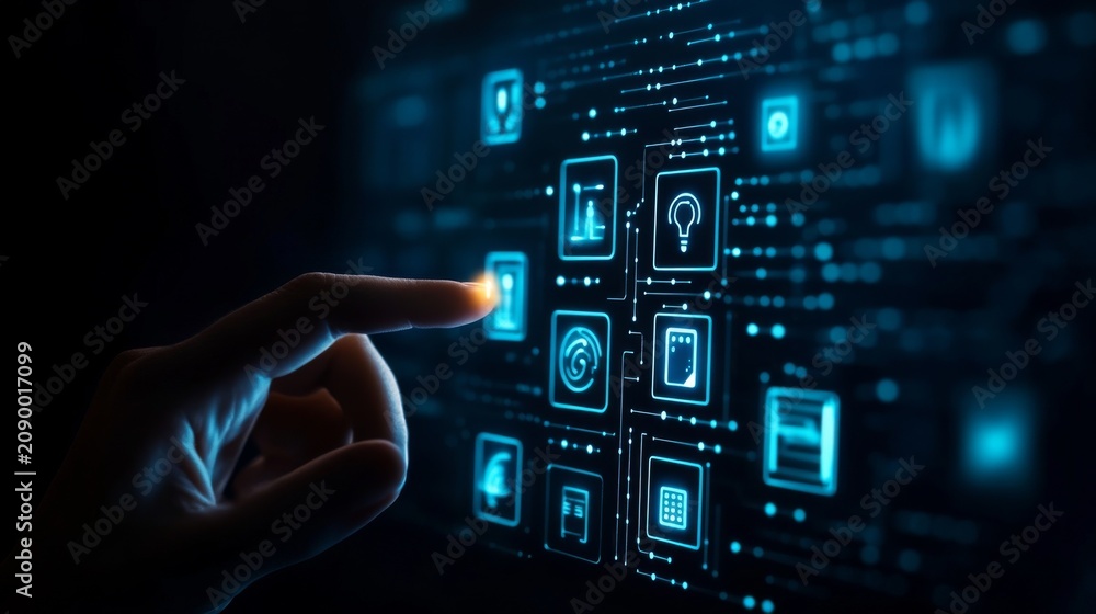 Fototapeta premium Subject A hand (finger) touching a glowing digital interface. Composition Close-up of a handfinger on the left, interactive iconsHUD (Heads-Up Display) on the right, dark background,