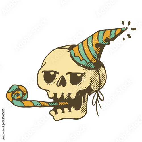 Photography Festive skull with a noisemaker in its mouth