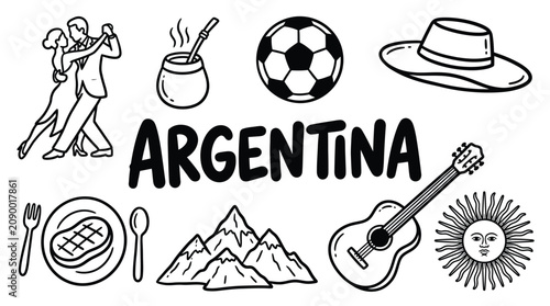 фотографія Argentina culture icons illustration featuring tango dancers, gaucho hat, mate c
