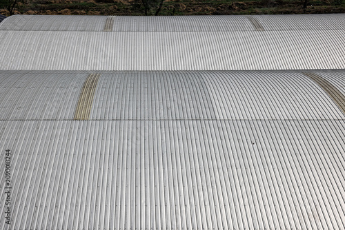Metal sheet roof, corrugated metal cladding on industrial building roof with rivets and bolts.