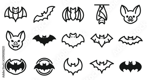 Photos Spooky Halloween bat vector collection, flying and hanging bat outline icons