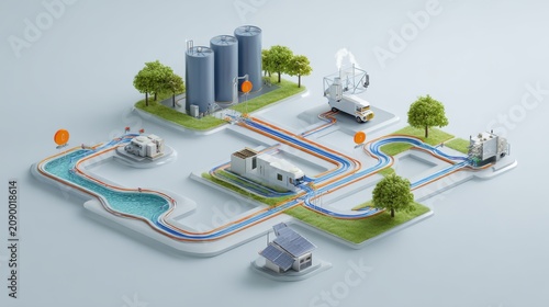 Isometric 3d illustration of a sustainable geothermal energy distribution network with eco friendly