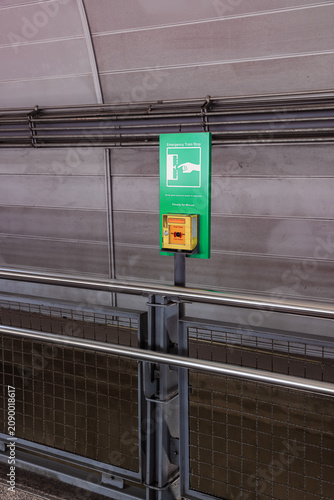 emergency equipment sign and Emergency contact equipment in modern train station.
