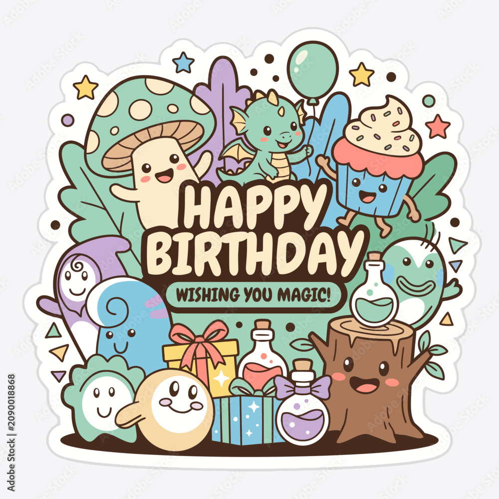 Fototapeta premium This playful and whimsical illustration captures a birthday celebration, featuring a variety of joyful characters and elements that embody magic and fun in festivities.