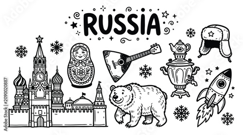 Εκτύπωση καμβά Russia culture icons illustration featuring Kremlin tower, balalaika instrument,