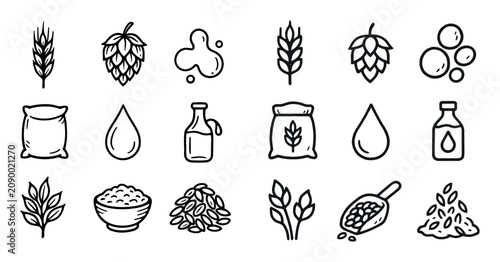 Brewery icons with hops wheat bag outline