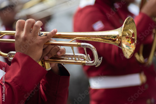 Obraz na płótnie Detail of a musician playing a wind instrument at the Bahia Independence Day celebration