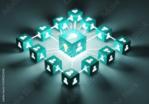 Connected turquoise cubes with a central glowing idea icon representing network collaboration