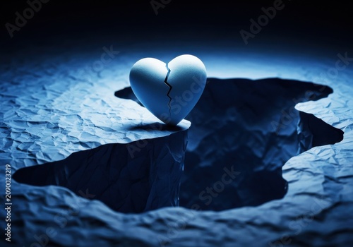 Broken white heart shape casting shadow on crumpled blue paper surface
