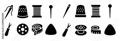 Sewing icons with needle thimble spool silhouette