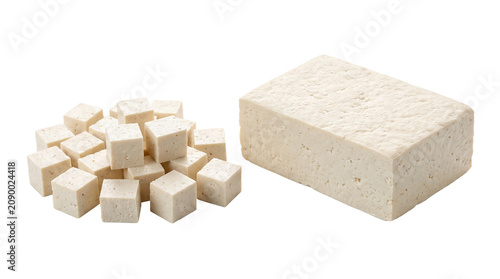 Fresh organic firm white tofu block and diced cubes isolated on a clean white background for healthy plant-based vegan cooking culinary use