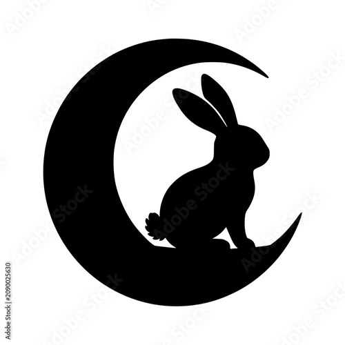 Sitting rabbit silhouette within crescent moon vector illustration