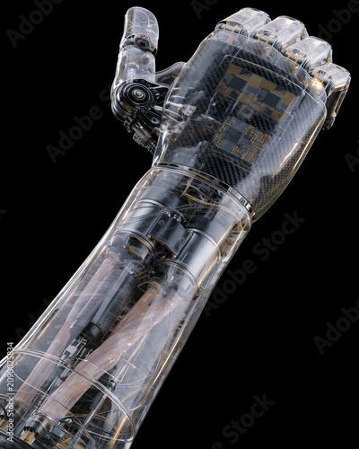 Transparent Humanoid Prosthetic Arm Revealing Advanced Internal Components