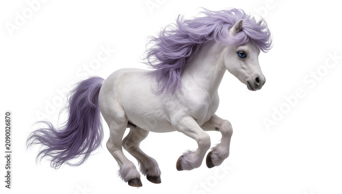 Cuadro en lienzo Isolated magical white pony with vibrant purple hair and striking blue eyes, gal