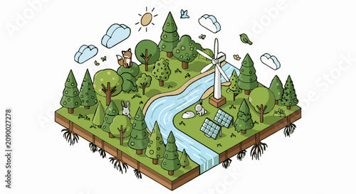 Isometric illustration of a sustainable ecosystem with renewable energy sources and wildlife in a floating forest block