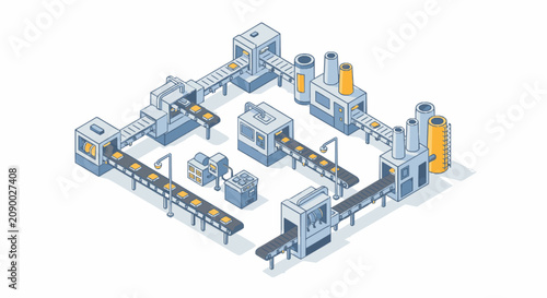Isometric industrial automated manufacturing assembly line system representing modern factory production processes