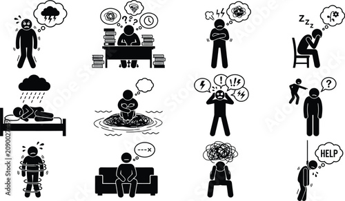 Принти на полотні Stress and mental health icons black silhouettes on white background