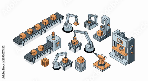 Isometric factory automation equipment icons set featuring robotic arms conveyor belts with displays collection isometric