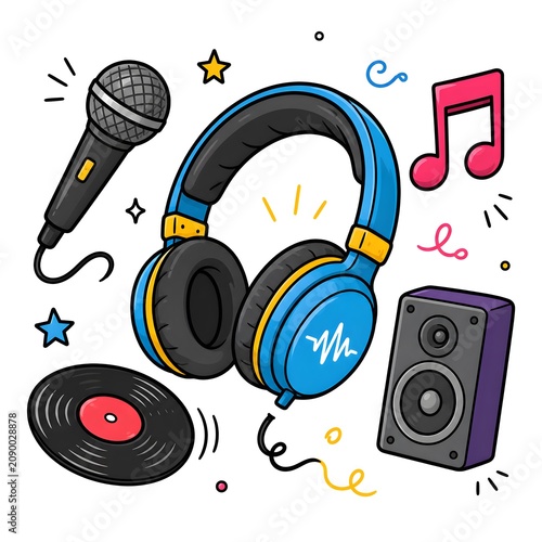 Cartoon music equipment illustration with microphone headphones speaker and vinyl record