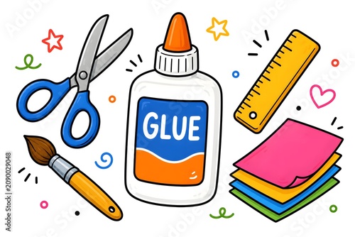 Colorful school supplies illustration with scissors glue ruler and paintbrushes on white background