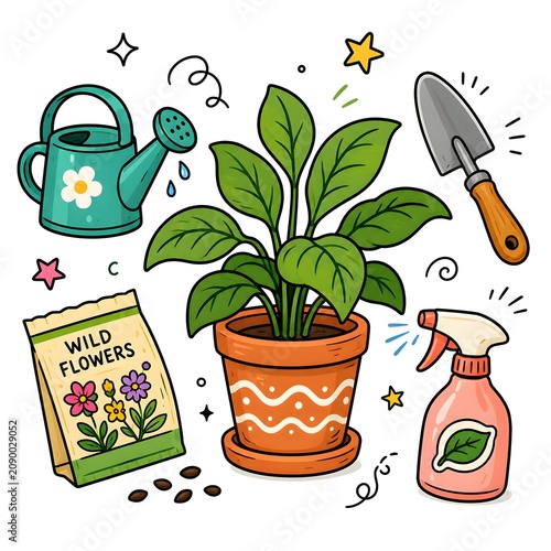 Colorful hand drawn gardening tools and potted plant illustration with wildflower seeds packet