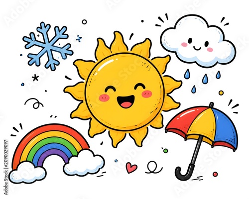 Cute cartoon sun cloud rainbow and umbrella illustration with whimsical doodle style