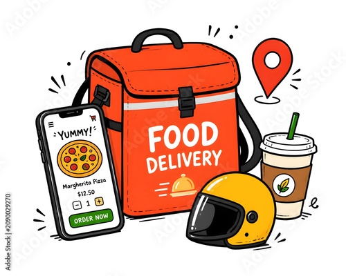 Food delivery service illustration with pizza phone helmet and scooter vector graphic