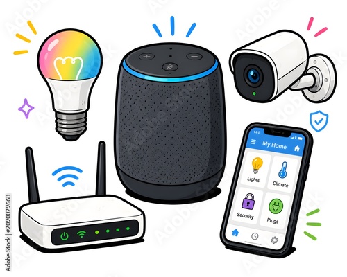 Smart home devices including voice assistant security camera and lightbulb illustration