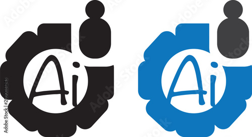 AI, artificial intelligence icon set. Black and blue icons, silhouette of a man on a gear wheel. Editable vector illustration outline stroke. Transparent background.