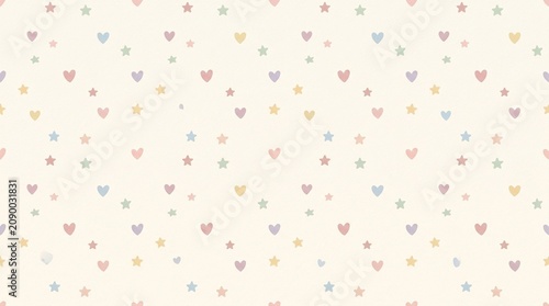 Seamless pattern of hand drawn small hearts and stars in pastel colors arranged on a light cream background, for baby shower, or greeting card stationery