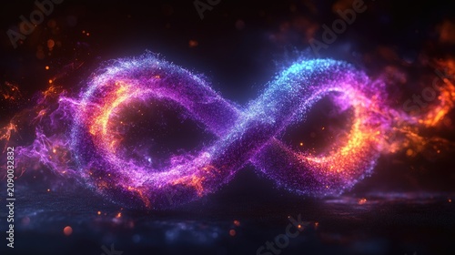  Violet infinity symbol made of glowing particles on black background