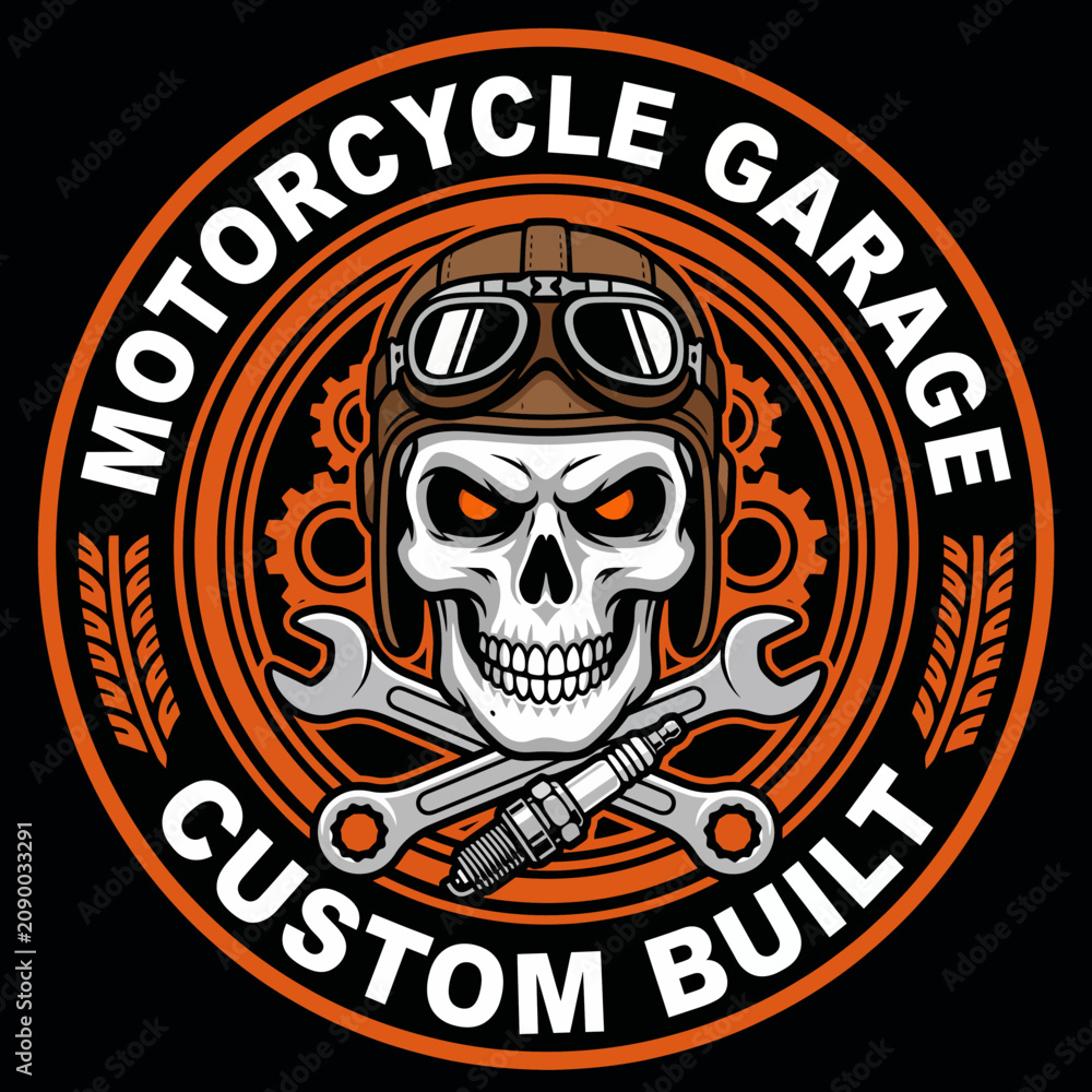 Fototapeta premium This striking logo design features a skull wearing aviator goggles surrounded by motorcycle tools, representing the union of grit, mechanics, and motorcycle culture in a bold fashion.