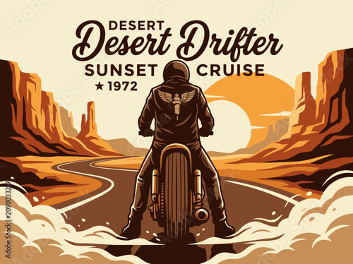 This vibrant illustration features a motorcyclist riding into a stunning desert sunset, encapsulating the thrill of adventure and freedom in a striking desert landscape.
