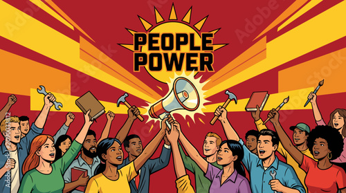 This illustrative artwork depicts a powerful community gathering, embodying the spirit of unity and empowerment, perfect for projects focused on social change and collective action.