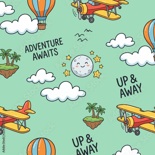 This lively illustration depicts a whimsical sky scene featuring flying planes, colorful hot air balloons, and celestial elements, inviting imagination and adventure in the skies.